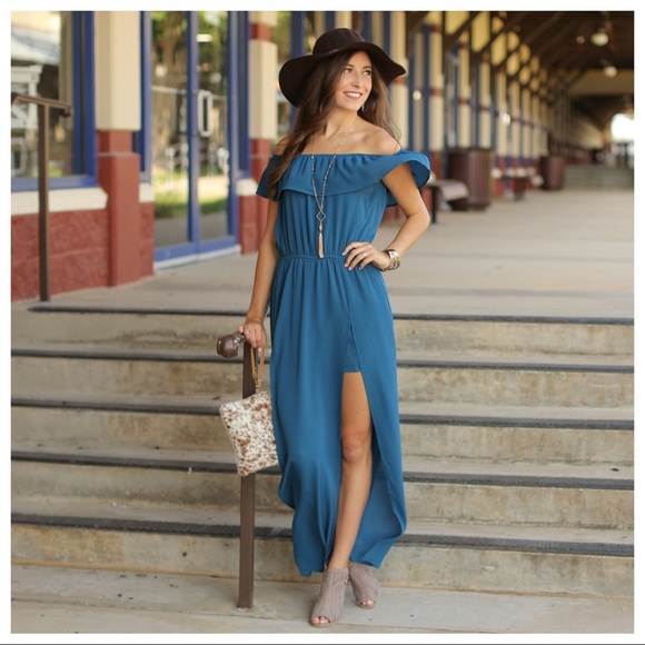 ✨LAST ONE✨Dark Teal Off Shoulder Romper Dress - Picture 2 of 4